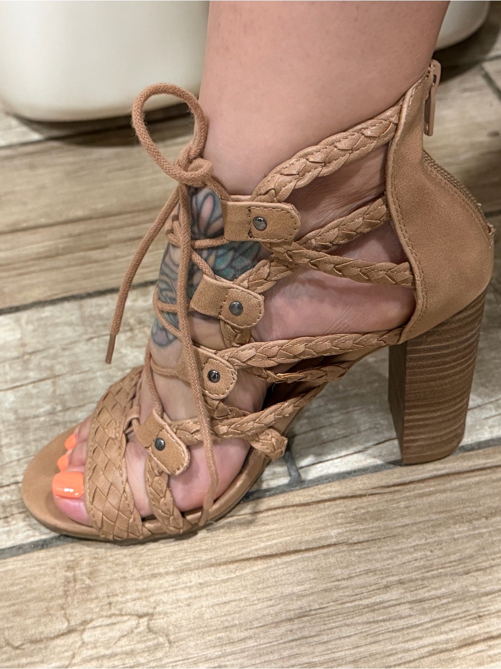 Braided Lace-Up High Heel Sandal in Tan Size 6